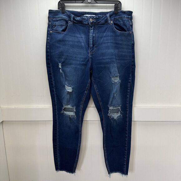 Kancan Jeans 20 Womens Skinny Blue Stretch Denim Distressed Fray Dark Plus Size - Picture 1 of 13